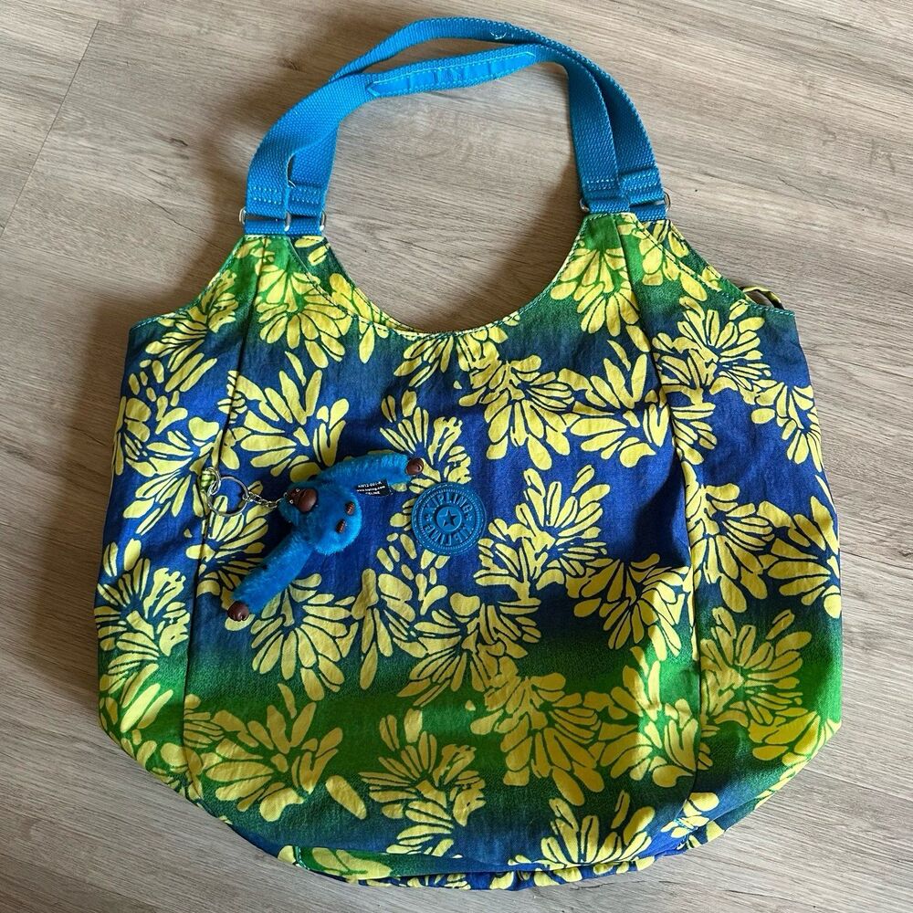 Kipling Blue Yellow Green Botanical Print Shoulder Bag with Plush Monkey Charm